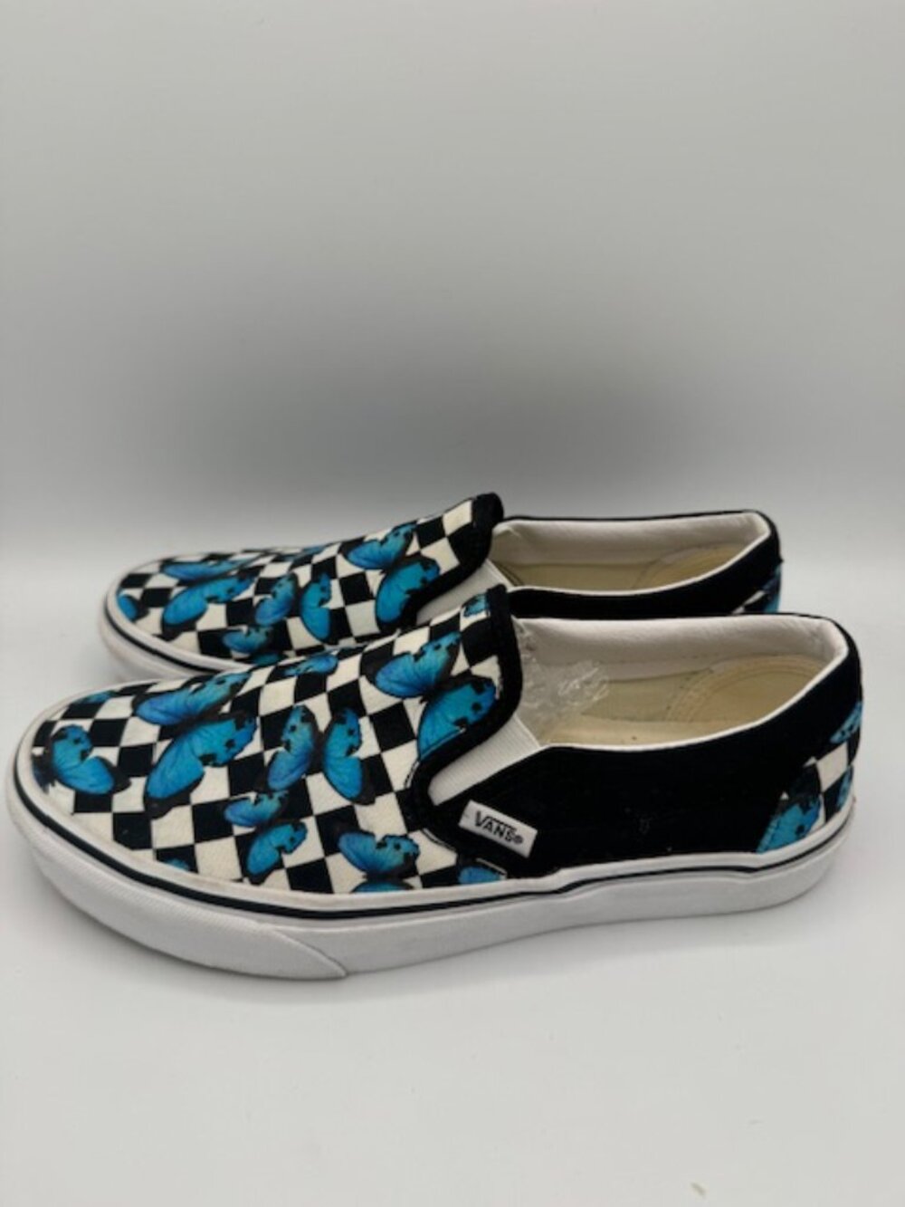 Vans Classic Slip-On Black White Check Blue Butterfly Women's 9